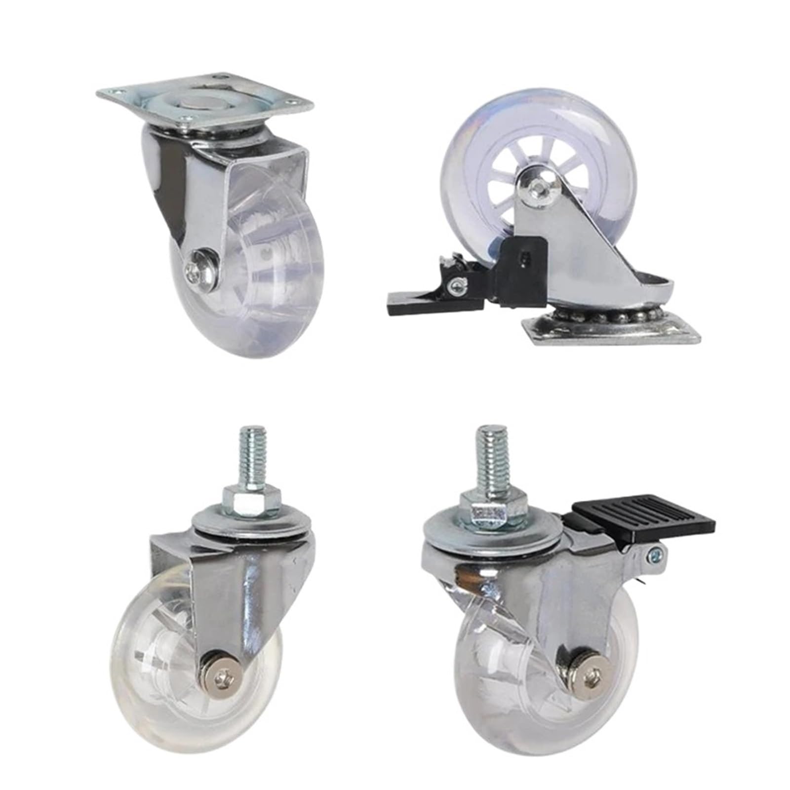 5 2-inch casters PU Transparent Crystal Wheel with Brake Furniture Multi-Specification Cabinet Pull(2 Inch-Screw-Brake)