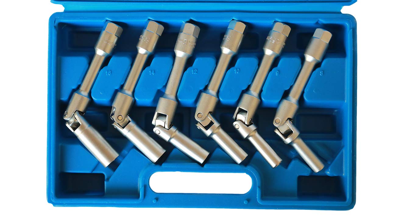 topolenashop Kit 6 Chiavi Bussola snodate per candelette Auto Diesel da 8 a 16 mm 3/8" 160mm