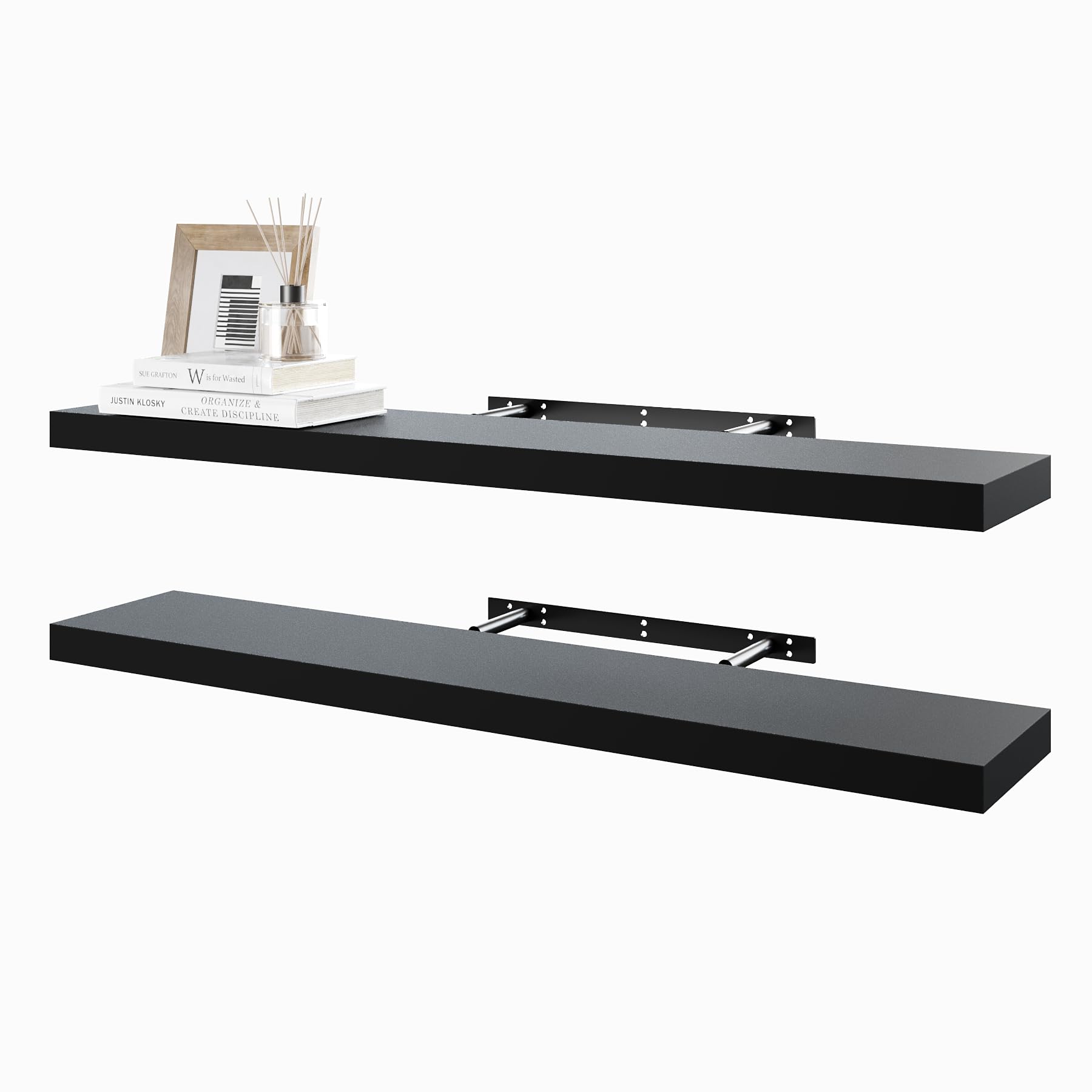 BAMEOS Estantes flotantes negros, 100 cm, de madera montados en la pared, con pinzas invisibles, juego de 2, decoración de pared para dormitorio, baño, salón y cocina