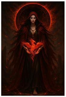 Crimson Eclipse – Dark Moon Priestess with Phoenix Flame Poster Print for Teen Boys Room Wall Art Canvas Painting Print Unframe-style 12x18inch(30x45cm)