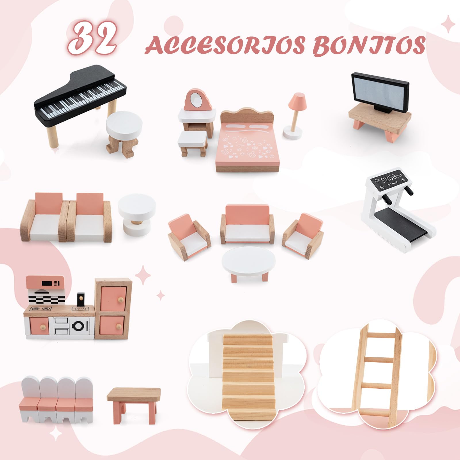 COSTWAY Casa de Muñecas de Madera, Casita Infantil de 7 Habitaciones y 3 Niveles con 32 Piezas de Accesorios de Muebles Realistas, Techos, para Muñecas de 8-15 cm