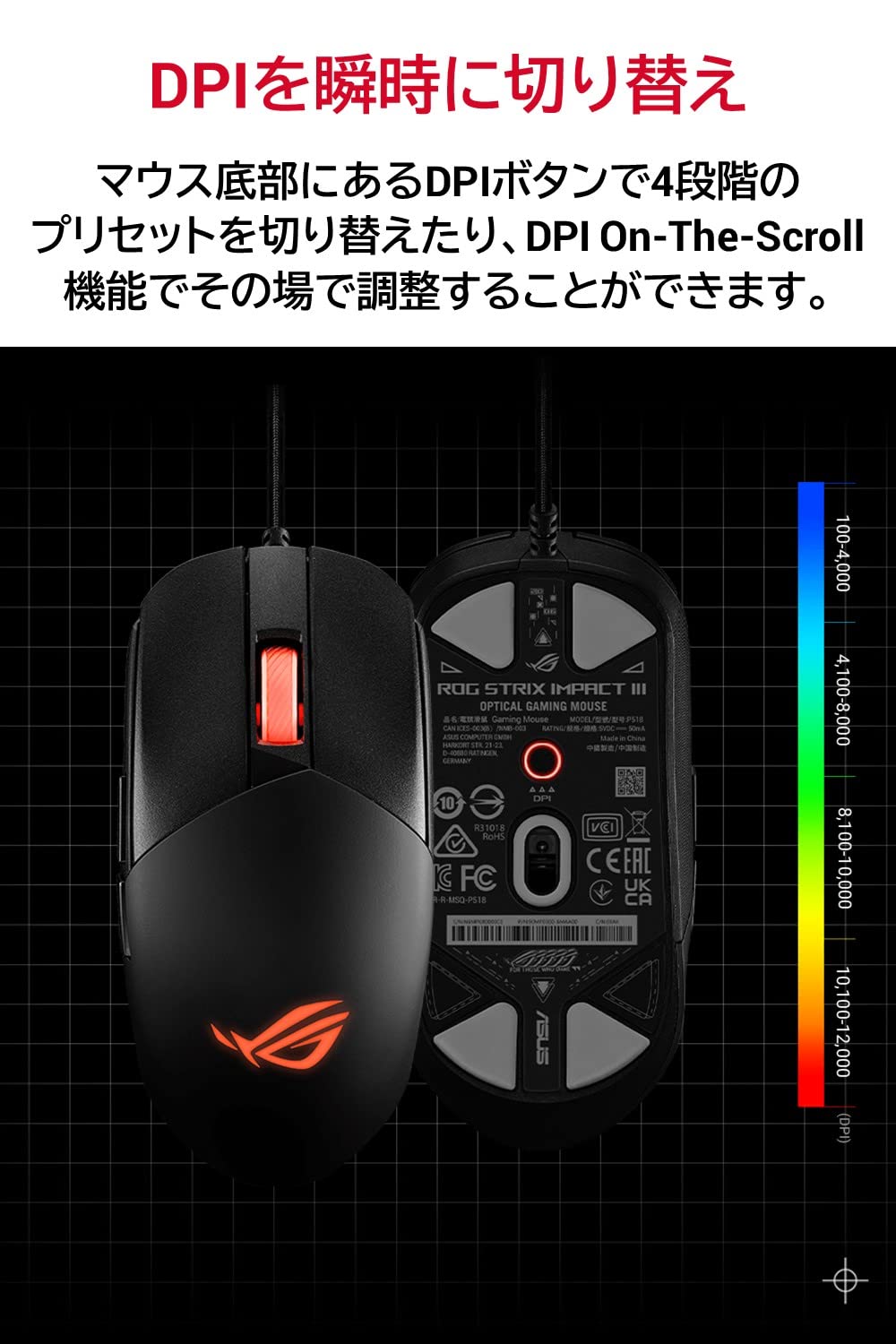 ASUS ROG Strix Impact III Gaming Mouse, Semi-Ambidestro, Wired, Leggero, Sensore 12000 DPI, 5 Pulsanti programmabili, Interruttori sostituibili, Cavo Paracord, Mouse da gioco FPS, Nero