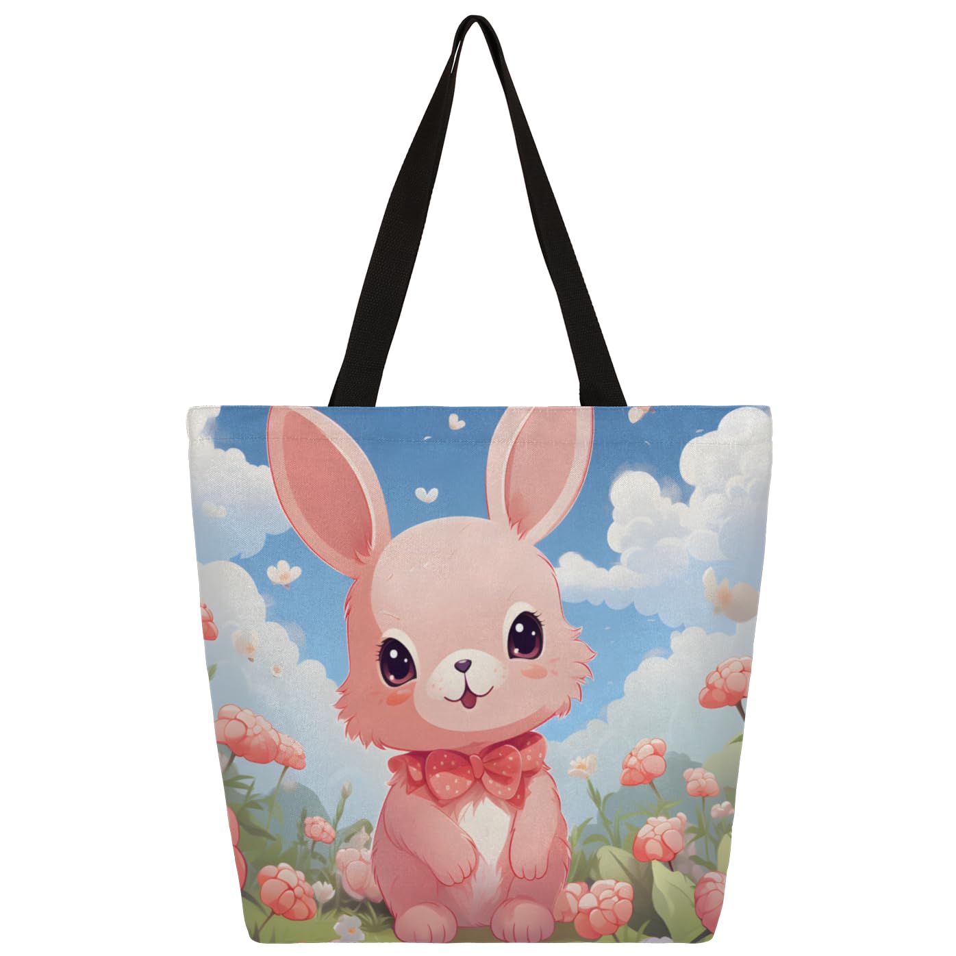 Mularoka Cute Rabbit Flowers Large Capacity Canvas Tote Bag Stylish Handheld Shoulder Bag Reusable Shopping Bag for Work Travel Beach Trips Shopping