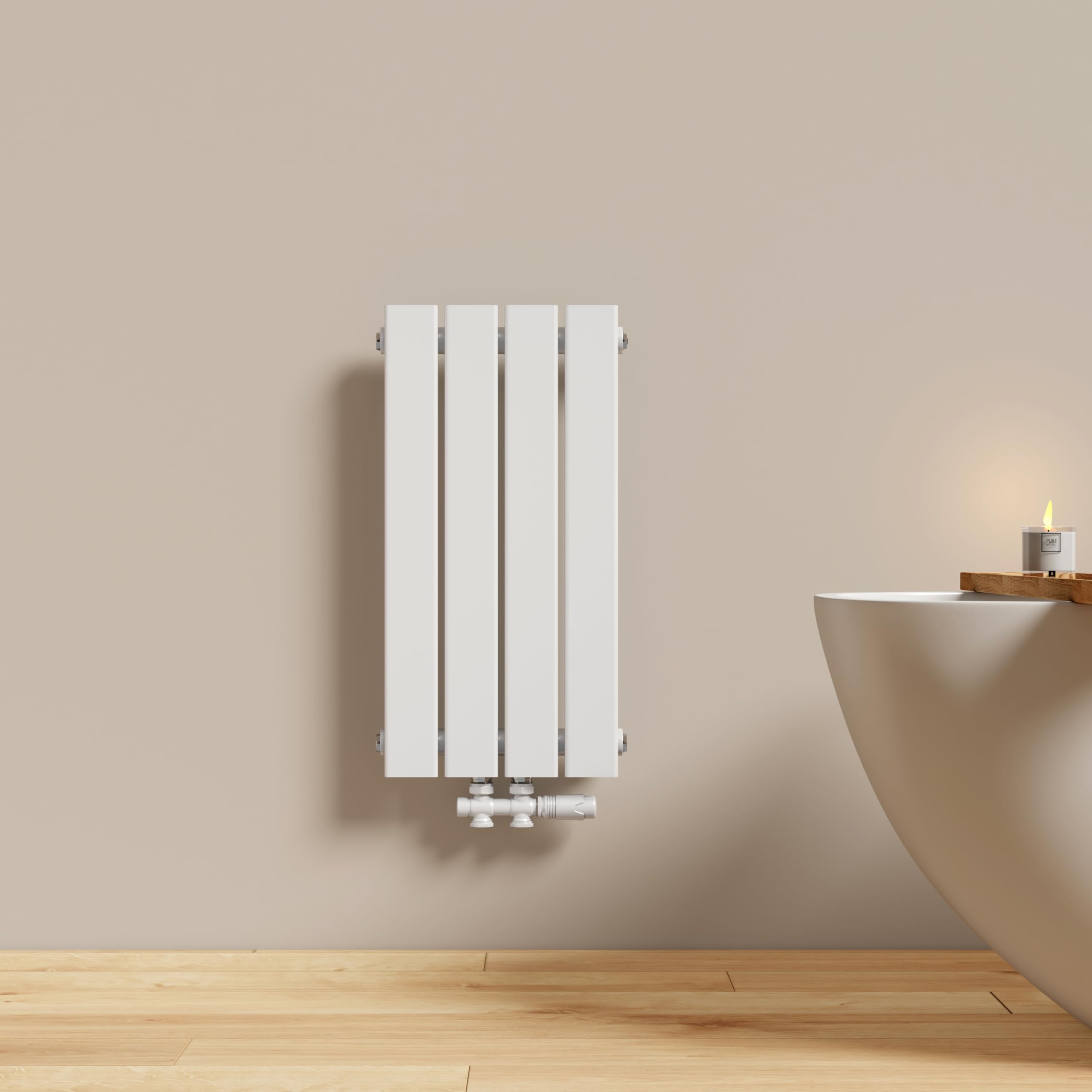EMKE Heizkörper Klein, 600x304 mm Flachheizkörper Vertikal mit Mittelanschluss, Einlagig Weiß Paneelheizkörper Design Wandheizkörper für Bad, Schlafzimmer & Wohnzimmer, 210W