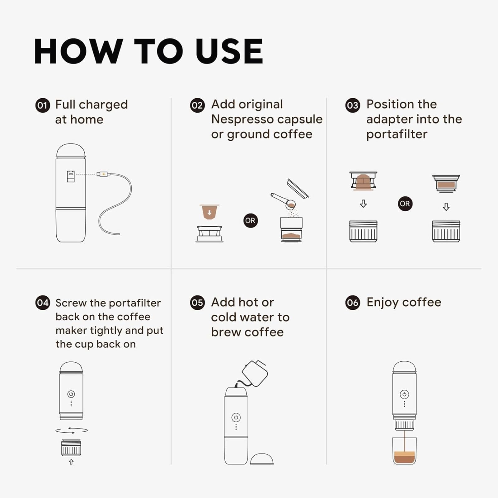 Cafetera Eléctrica Portátil para Viajes De Camping, Cafetera para Coche con Autocalentamiento Y USB-C, Café Molido a 19 Bares Y Cápsulas De Espresso N para Autocaravanas, Senderismo Y Oficina.