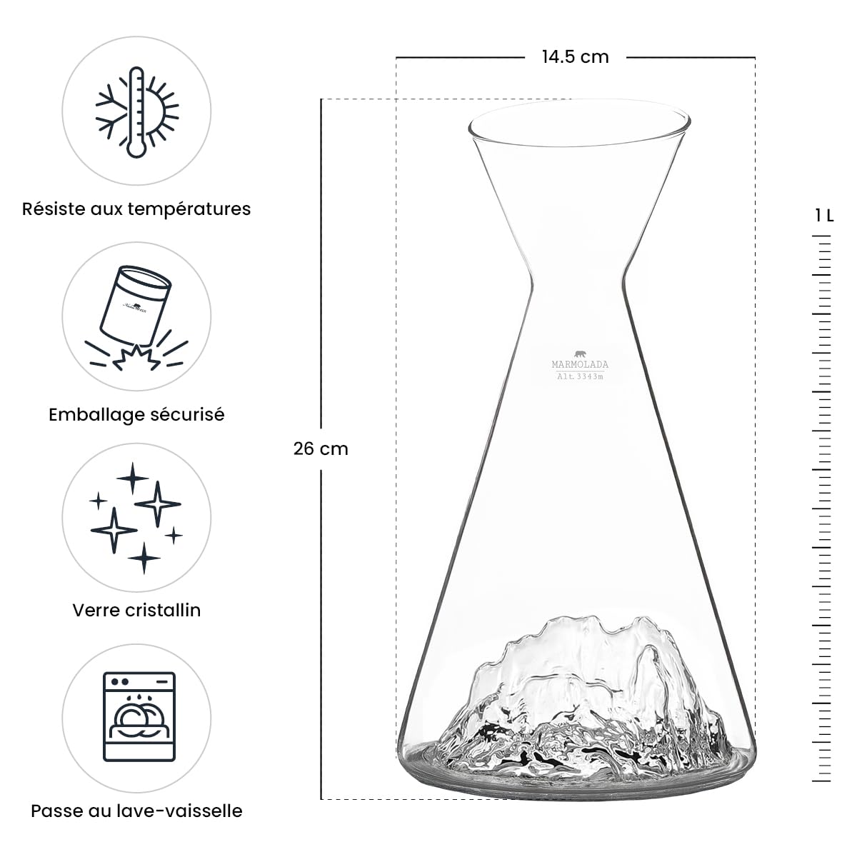 Decantador de agua de 1 litro, borosilicato de alta calidad soplado a mano con las montañas elevadas | TOPOGRAPHIC (Marmolada)
