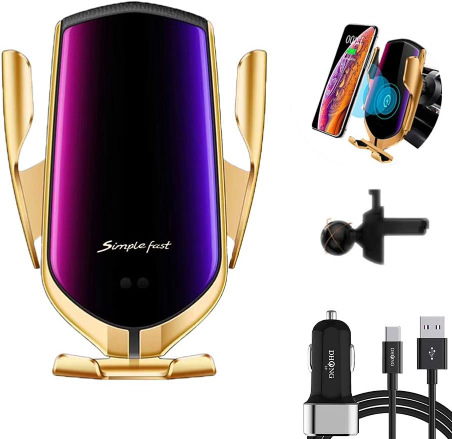 DHong Smart in-Car Mobile Phone Holder IR Sensor Automatic Clamping Plus 10W Qi Wireless Fast Charging Car Charger Compatible for iPhone Xs/Max/XR/8/8 Plus/Galaxy S9/S9+/S8/S8+/Note9/S7 (Gold)