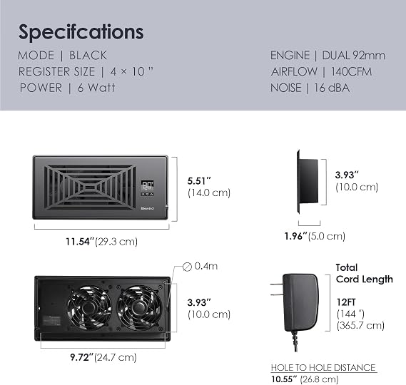 BIOWIND Quiet Smart Register Booster Fan Fits 4 x 10 Vent Opening, Black