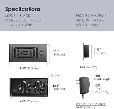BIOWIND Quiet Smart Register Booster Fan Fits 4 x 10 Vent Opening, Black