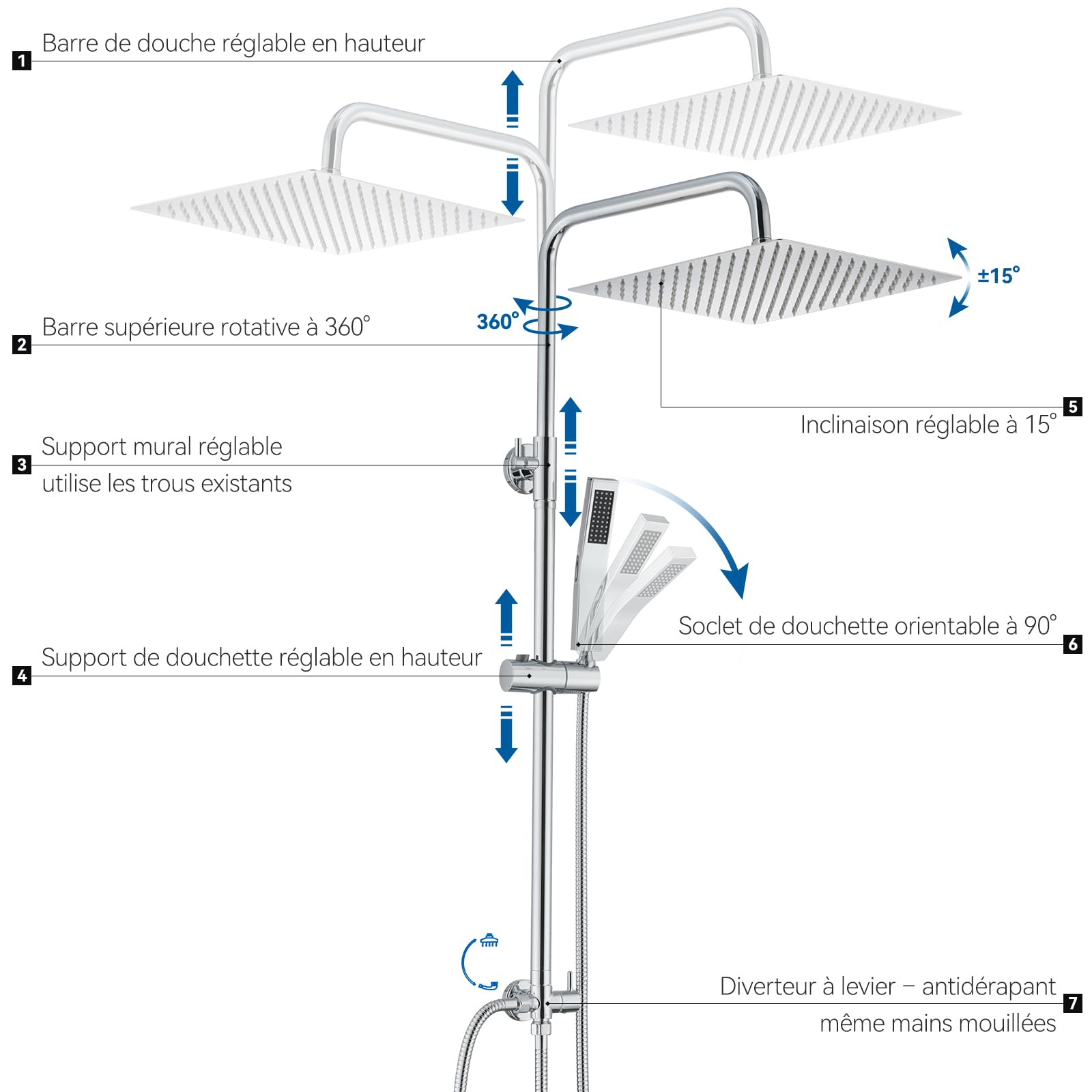 Auralum Colonne de Douche Sans Mitigeur Chrome Mat en Laiton, Colonne Télescopique 68-108cm avec Tête de Douche Carrée 12", Douchette Carrée et Flexible PVC, pour Baignoire et Salle de Bain