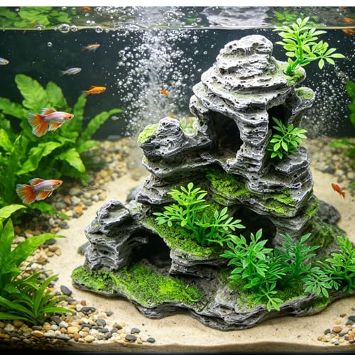 Image of Saim Aquarium Mountain View Stone Ornament, Artificial Mountain Hill View Stone Rock Cave Aquarium Decorations Fish Tank Decor for Betta Cichlids Hideaway Cave, Hermit Crab Hideout - Large