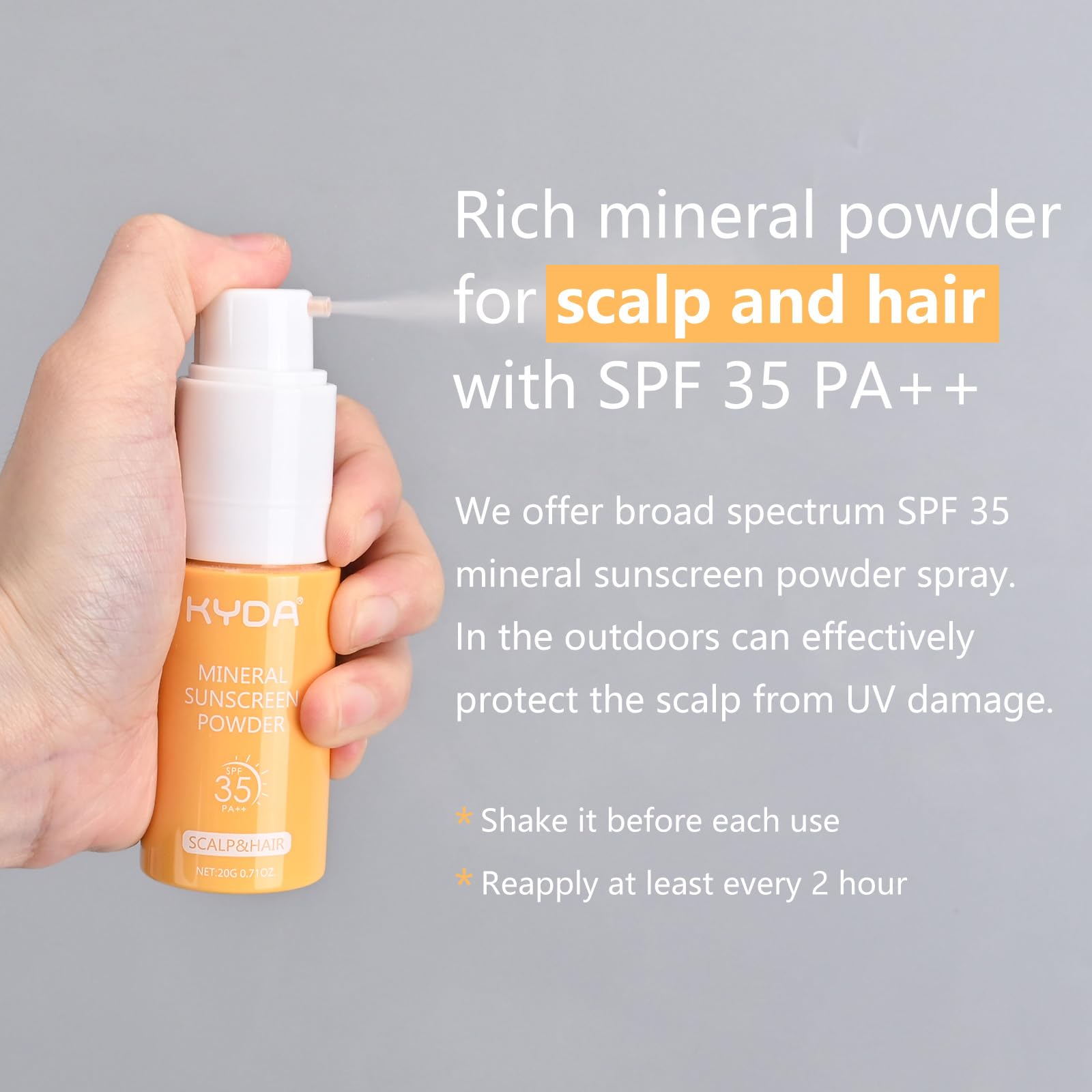 KYDA Polvere solare minerale, per cuoio capelluto e capelli, SPF 35 PA++, protezione solare per cuoio capelluto, protezione UV ad ampio spettro, leggera, non grassa, 20,1 g (02)