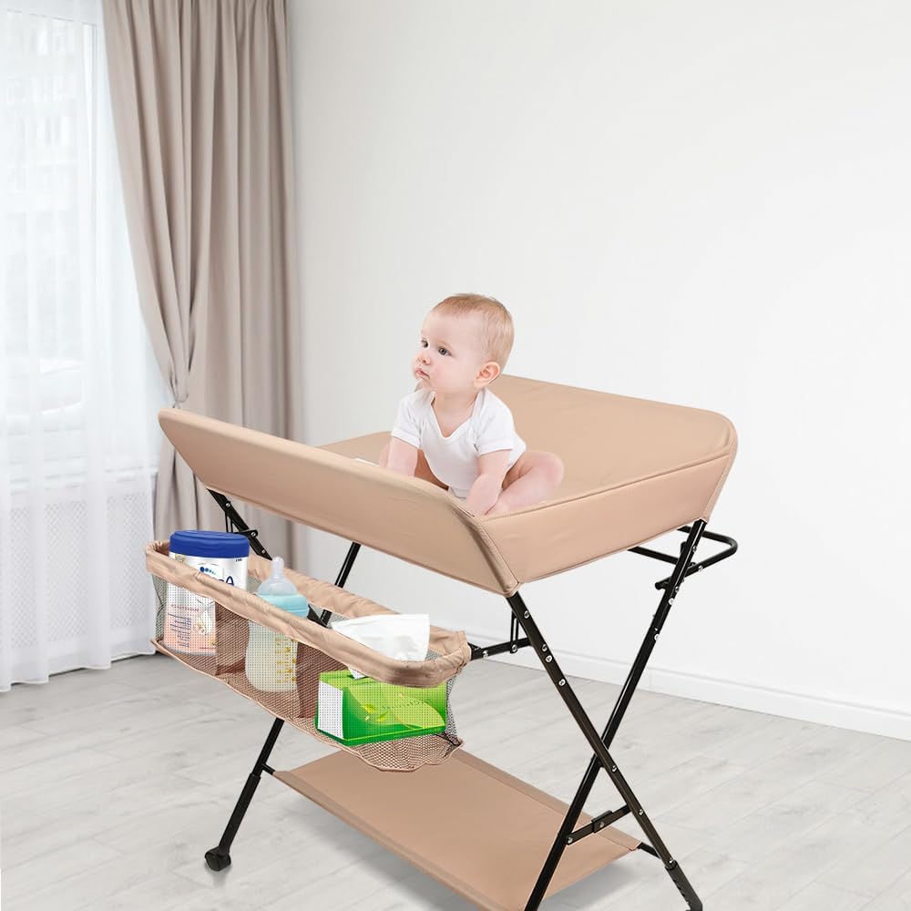 Table à Langer Pliante, Table à Langer Amovible Avec Aoulettes Et Panier De Rangement,Table à Langer Portable à Hauteur Réglable Pour Bébé 80 * 66 * 98cm (rose clair, 80 * 66 * 98cm)