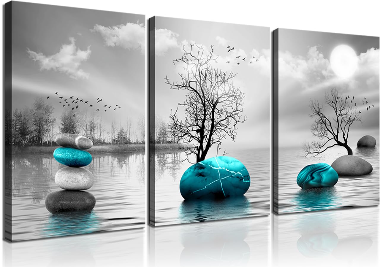 Canvas Wall Art for Living Room Bathroom Bedroom Wall Decor Black and White Wall Paintings Modern 3 Piece Wall Art Trees and Stones Framed Canvas Art Prints Abstract Teal Blue Pictures Home Decor