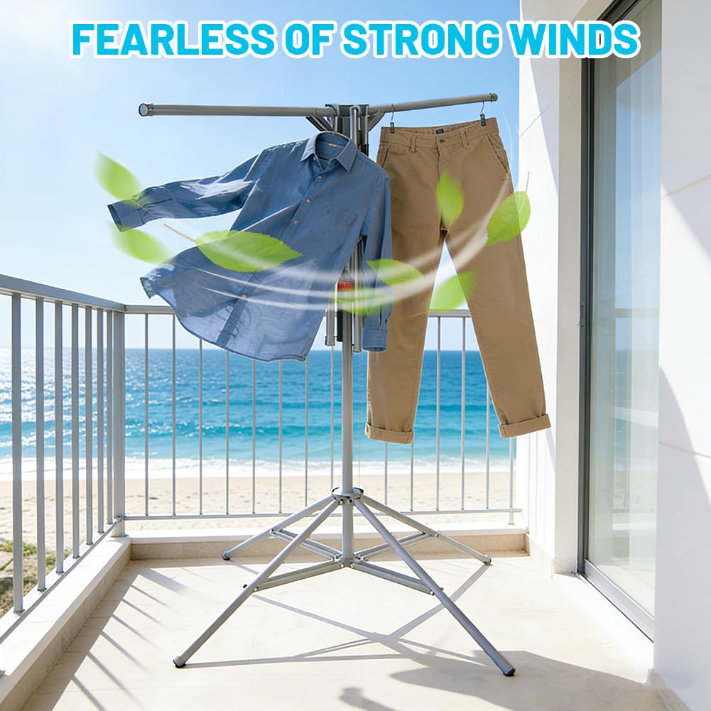Tendedero de Ropa 6 Brazos Extensible y Plegable, Base Triangular Antideslizante, Altura Ajustable 120-170 cm para Interior y Exterior, Secadora Compacta de Viaje