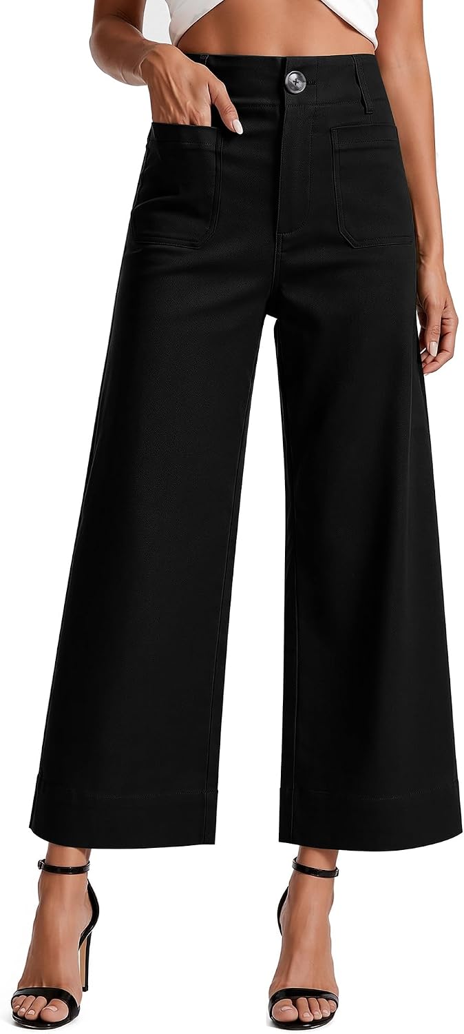 MOHHOM Women’s High Waisted Wide Leg Cropped Pants Stretchy Business Casual Work Pants with Pockets