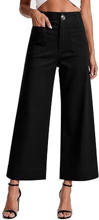 MOHHOM Womens High Waisted Wide Leg Cropped Pants Stretchy Business Casual Work Pants with Pockets