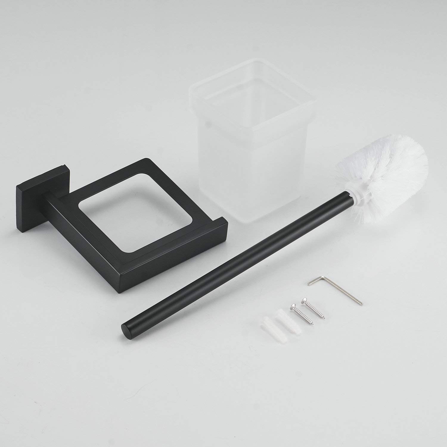 Cepillo WC y Soporte de Pared con Soporte, Negro, Acero Inoxidable 304 y Vidrio Mate para baño