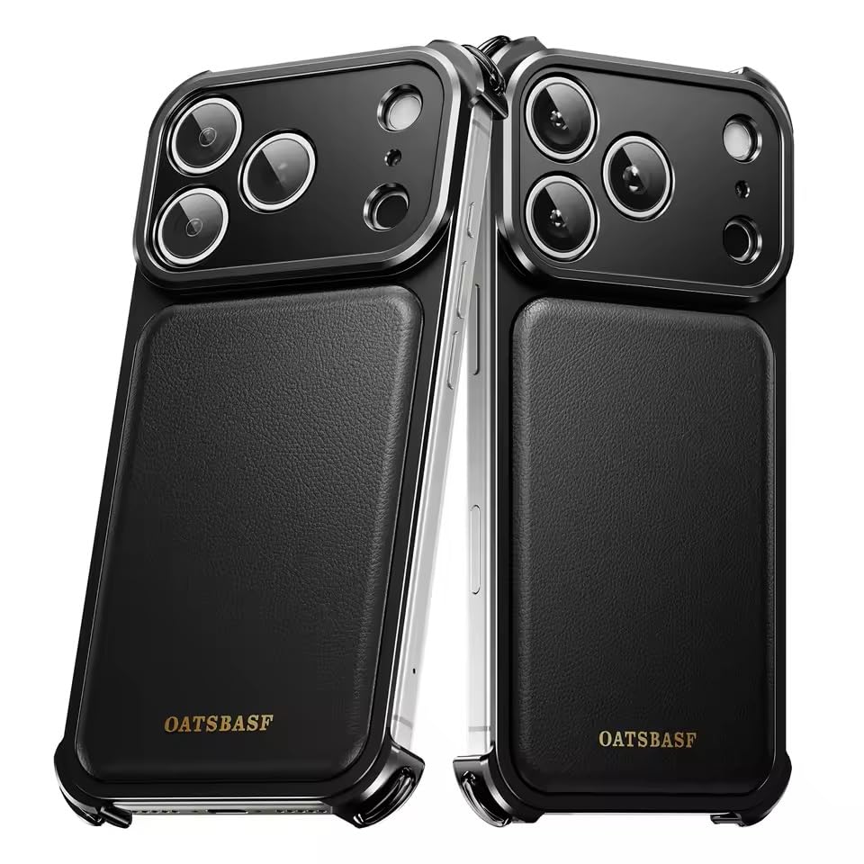 Image of Luxury Leather Phone Case Compatible with iPhone 17 Pro Max | Frameless Aluminum Alloy Bumper | Shockproof Cover - Black