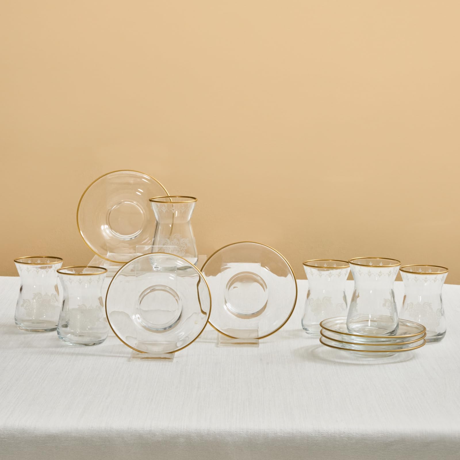KARACA Gent 12 Piece Turkish Tea Set for 6 People 132 ml – Elegant Gold Detailed Tea Glass & Saucer Set Dishwasher Safe