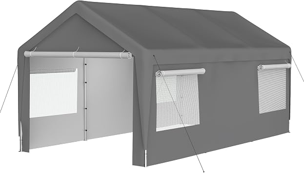 Carport Canopy, 10 x 20 FT Portable Storage Shelter with 2 Roll-Up Doors, Heavy Duty PE Garage Tent for Motorcycle and Garden Tools, Outdoor Patio Cover, Gray