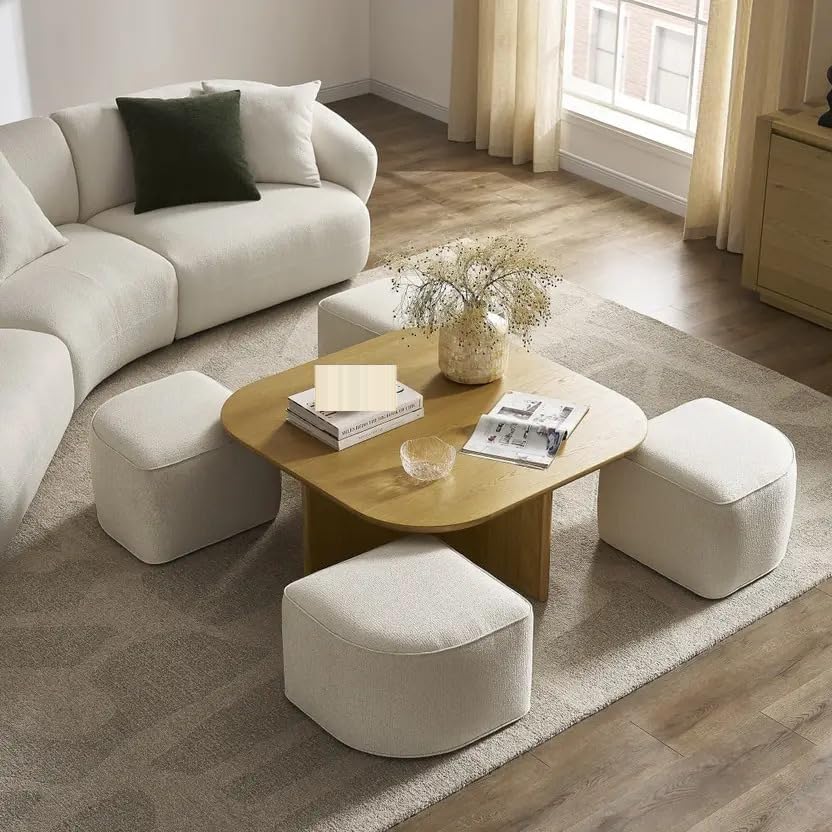 Image of Mango Wood Coffee Table with 4 Stools for Home | Oval Centre Table with Four Seating Stools | Space Saving Patio Tables with 4 Upholstered Puffy Ottoman for (Natural Teak)