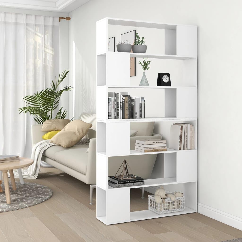 Tall Bookshelf Room Divider, Modern 10-Cube Storage Cabinet, Engineered Wood Display Shelving Unit for Living Room, Home Office, White, 39.4x9.4x74.0 Inches