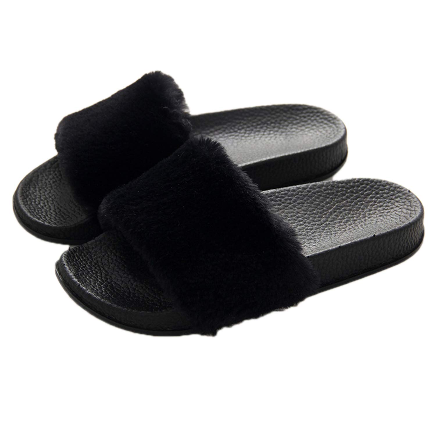 xsby Women's Soft Faux Fur Flat Slide Sandals Comfortable Slipper