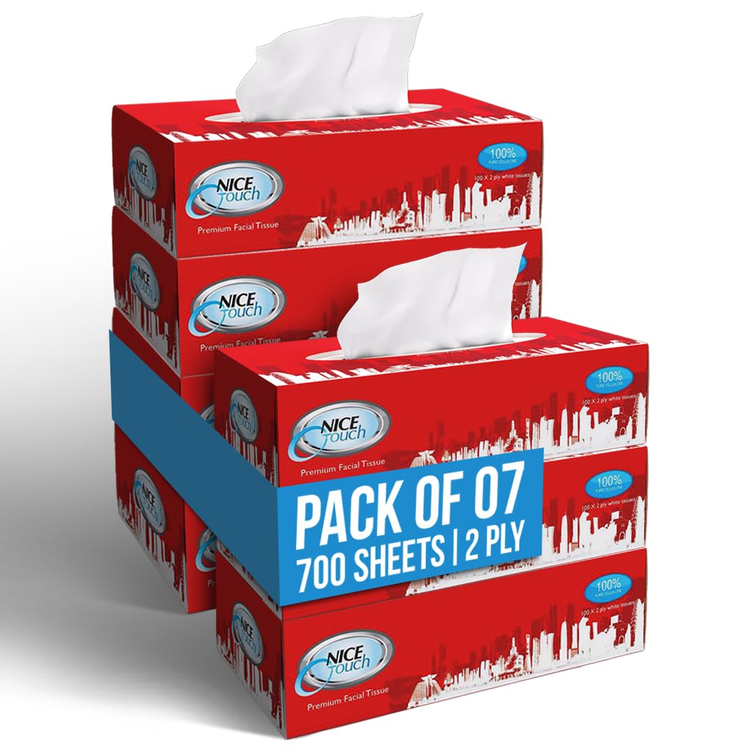 Nice Touch Facial Tissue, 2 Ply x 7 Slim and Compact Car Tissue Boxes Pack of 100 Sheets each, Soft Feel Tissue Suitable for All Skin Types, 100% Cellulose