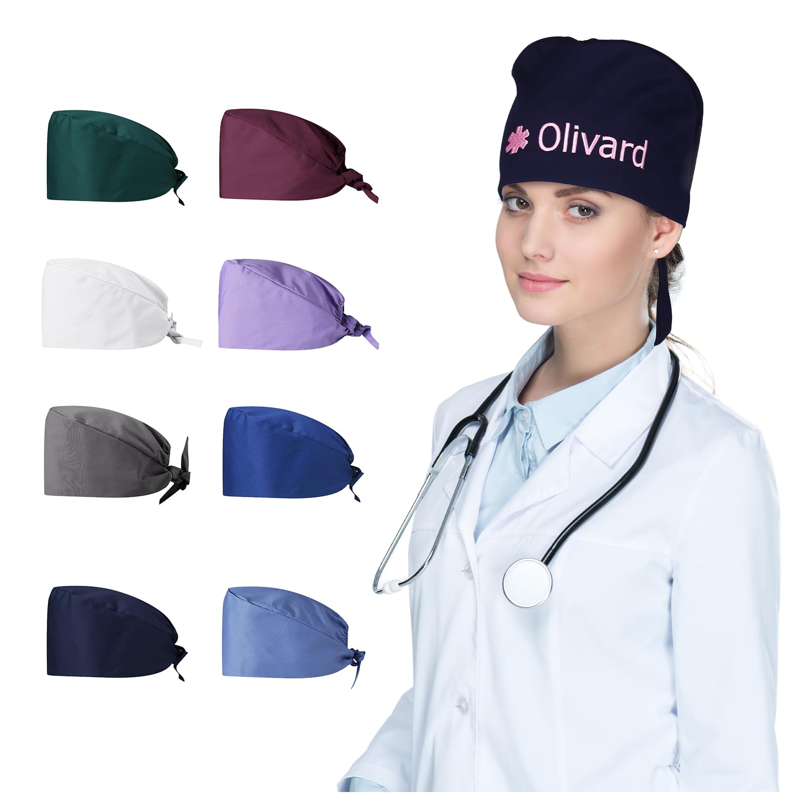 OXYEFEI Personalized Embroidered Pure Cotton Scrub Cap for Women/Men,Custom Icon Text,Doctor Surgical Cap, Solid Color Nurse Cap, Adjustable Heart Buckle, Beauty Salon Work Cap