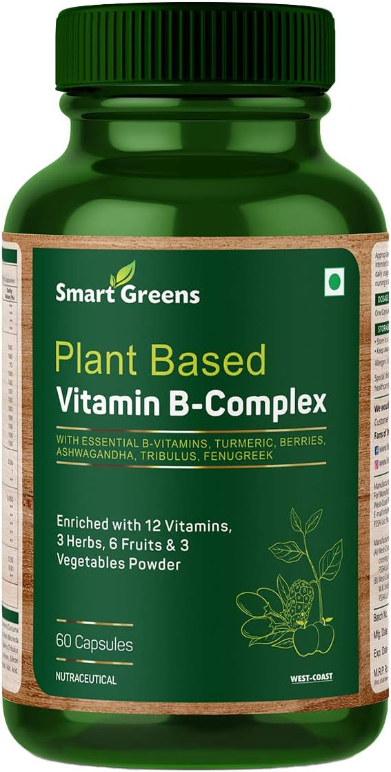 Smart Greens Plant Based Vitamin B-Complex, Turmeric, Berries, Ashwagandha, Tribulus, Fenugreek & Enriched with Essential B-Vitamins, Herbs, Fruits, & Vegetable Power – 60 Capsules