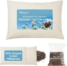 USlixury Travesseiro de trigo sarraceno com fronha extra orgânica e cascos extras, altura e firmeza ajustáveis, travesseiro de trigo sarraceno orgânico, suporte de pescoço firme para pessoas que