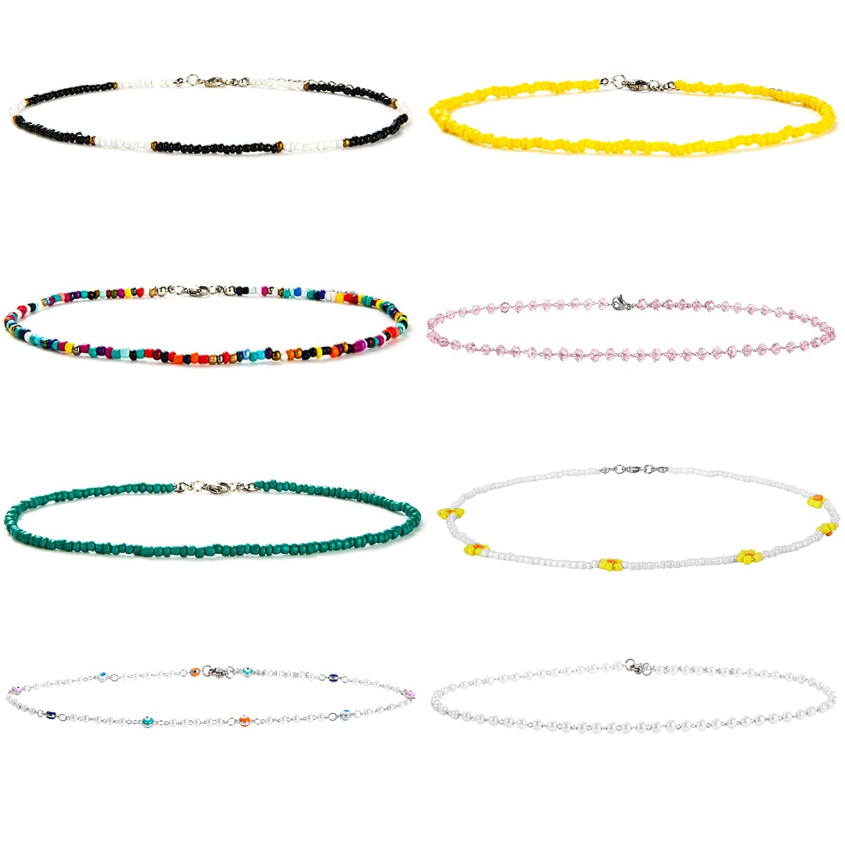 NASAMA 6-10 Pieces Beaded Choker Necklaces Boho Handmade Flower Necklace Set For Women Girls Chain Jewelry Adjustable