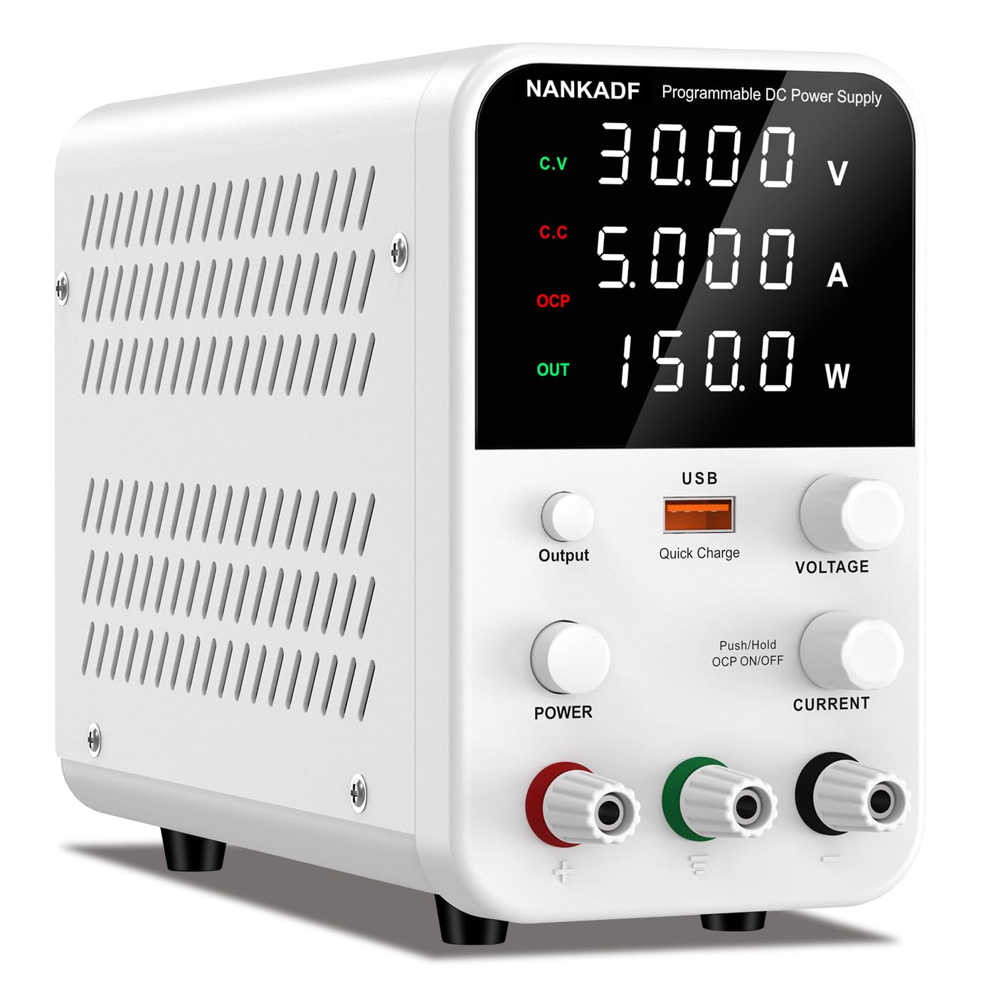 Zasilacz laboratoryjny, 30 V 5 A DC, regulowany zasilacz z pokrętłem do regulacji, wyłącznik wyjściowy i port szybkiego ładowania USB, laboratoryjny zasilacz z alarmem OCP