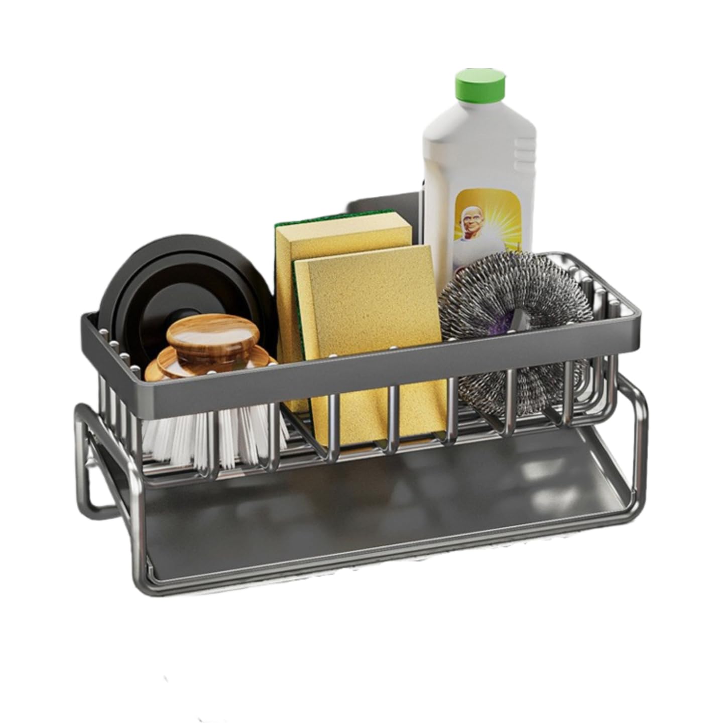 Gray Sponge Holder for Kitchen Sink, Sink Caddy Organizer with High Brush Holder, Kitchen Countertop Organizers and Storage Essentials, Rustproof 304 Stainless Steel
