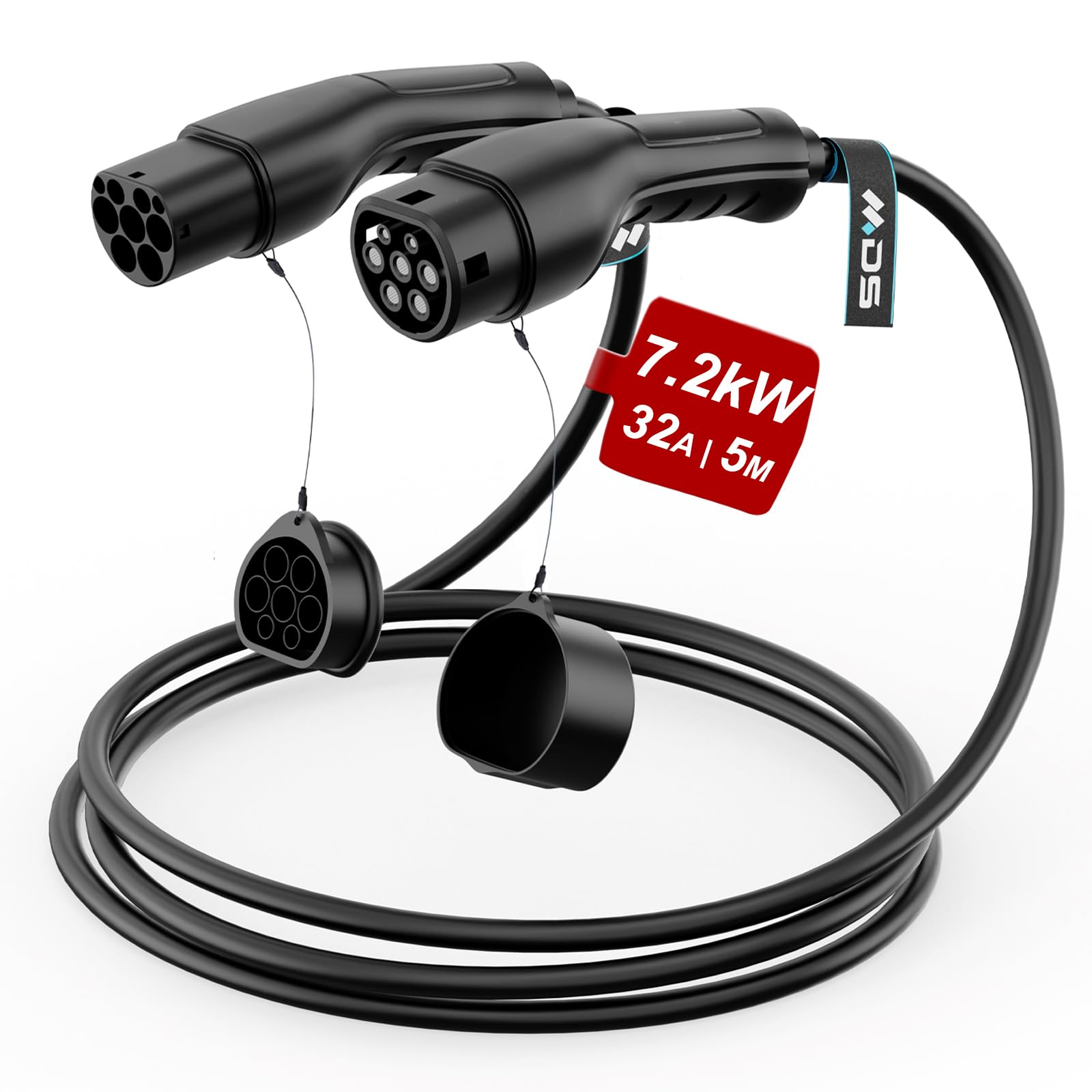 MDS - Cable de carga tipo 2, modo 3, 32 A, 7,2 kW, 3 fases, 5 metros, tipo 2 a tipo 2, cargador para coche eléctrico con bolsa de transporte