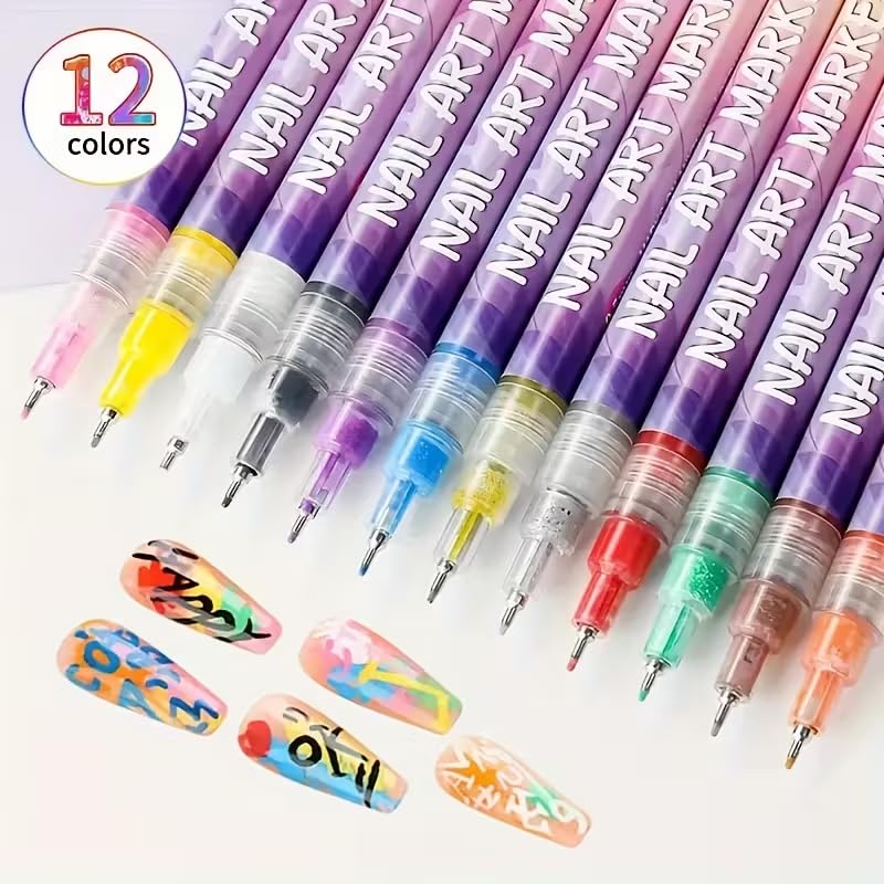 Nail Art Pens, New 12 Colors Quick-drying Waterproof Nail Art Markers for 3D Nail Art, Fine Tip 0.5mm Nail Polish Pens for DIY Nail Design, Portable Salon Tools for Home Manicure and Kids Gifts
