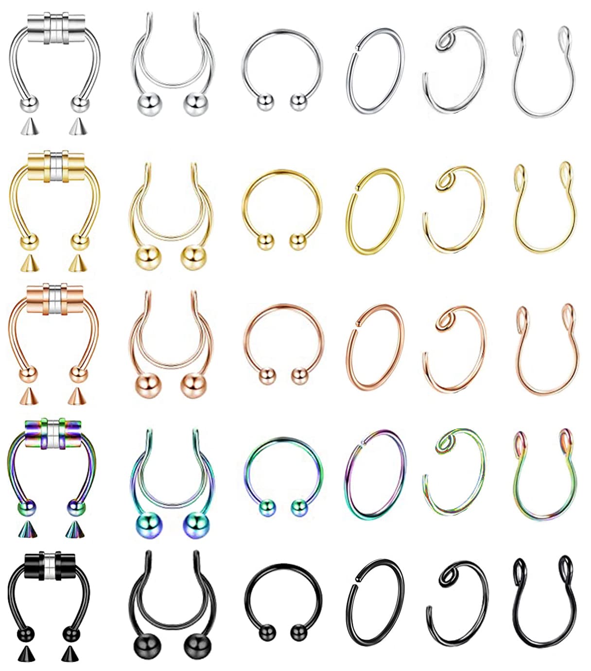 30Pcs Stainless Steel Fake Nose Ring Hoop Faux Septum Ring Lip Ring Cartilage Ring Non Piercing Body Jewelry