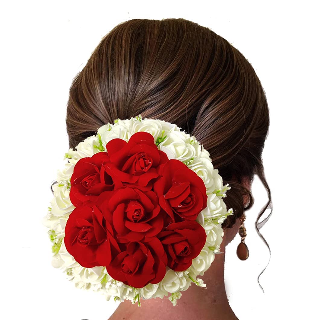 Specially Designed FoArtificial Floral Design with Red and White Roses Hairpin/ Judapin/ Juda Bun Bridal Hair Accessories For Women and Girlsr Indian Marriage and Programs.