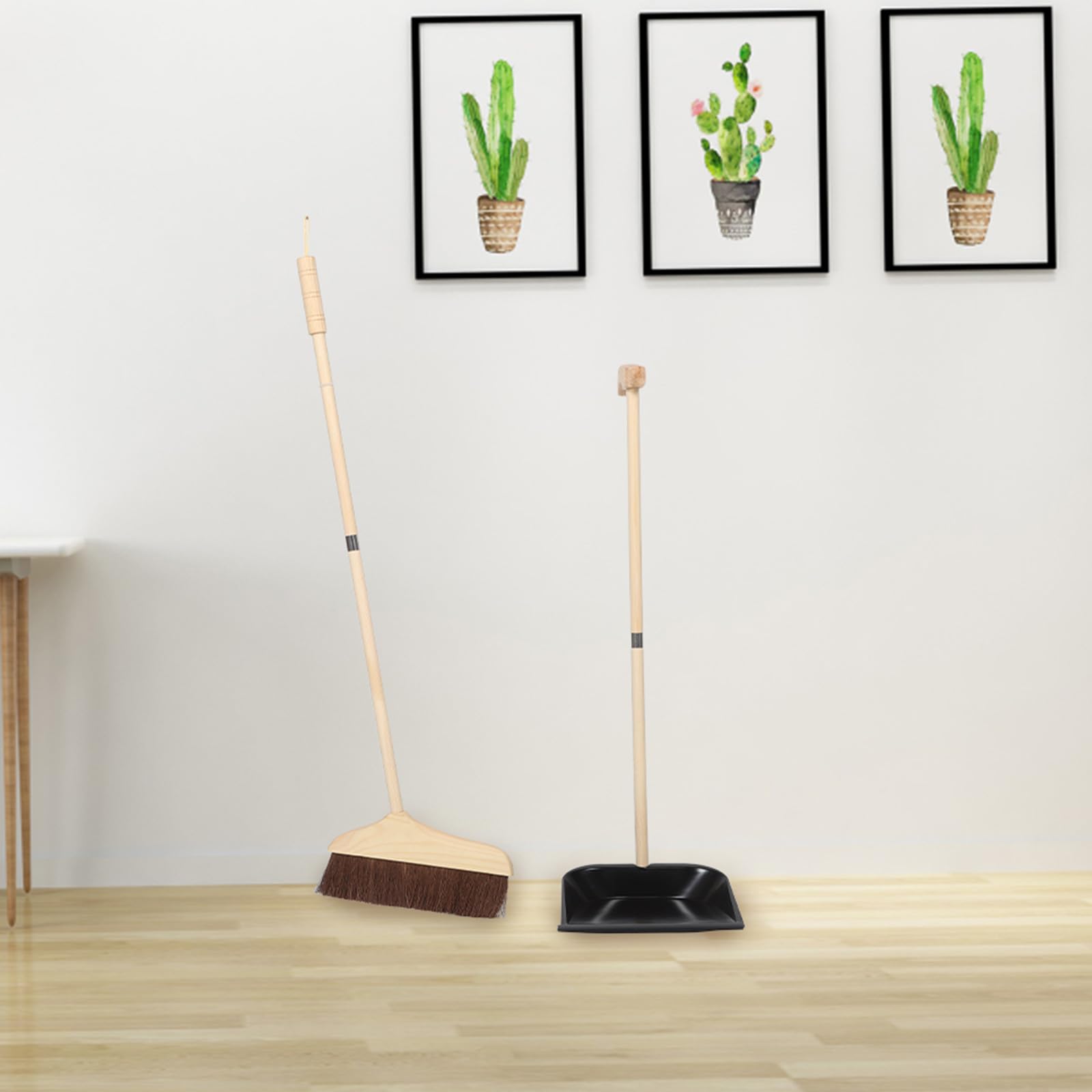 Set Scopa Domestica Setole Morbide e Paletta in Legno Nero, Manico lungo Staccabile in Ferro per Pulizia Pavimenti in Cucina e Casa, Non Graffia e Risparmia
