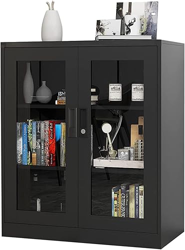 Yizosh Armario de almacenamiento de metal con puertas de cristal, vitrina con bloqueo de 35.4 pulgadas con 2 estantes ajustables para oficina en