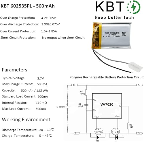 Miniatura 7 de Batería de polímero de litio KBT 3.7V 500mAh: 602535 Baterías de repuesto de iones de litio recargables Lipo
