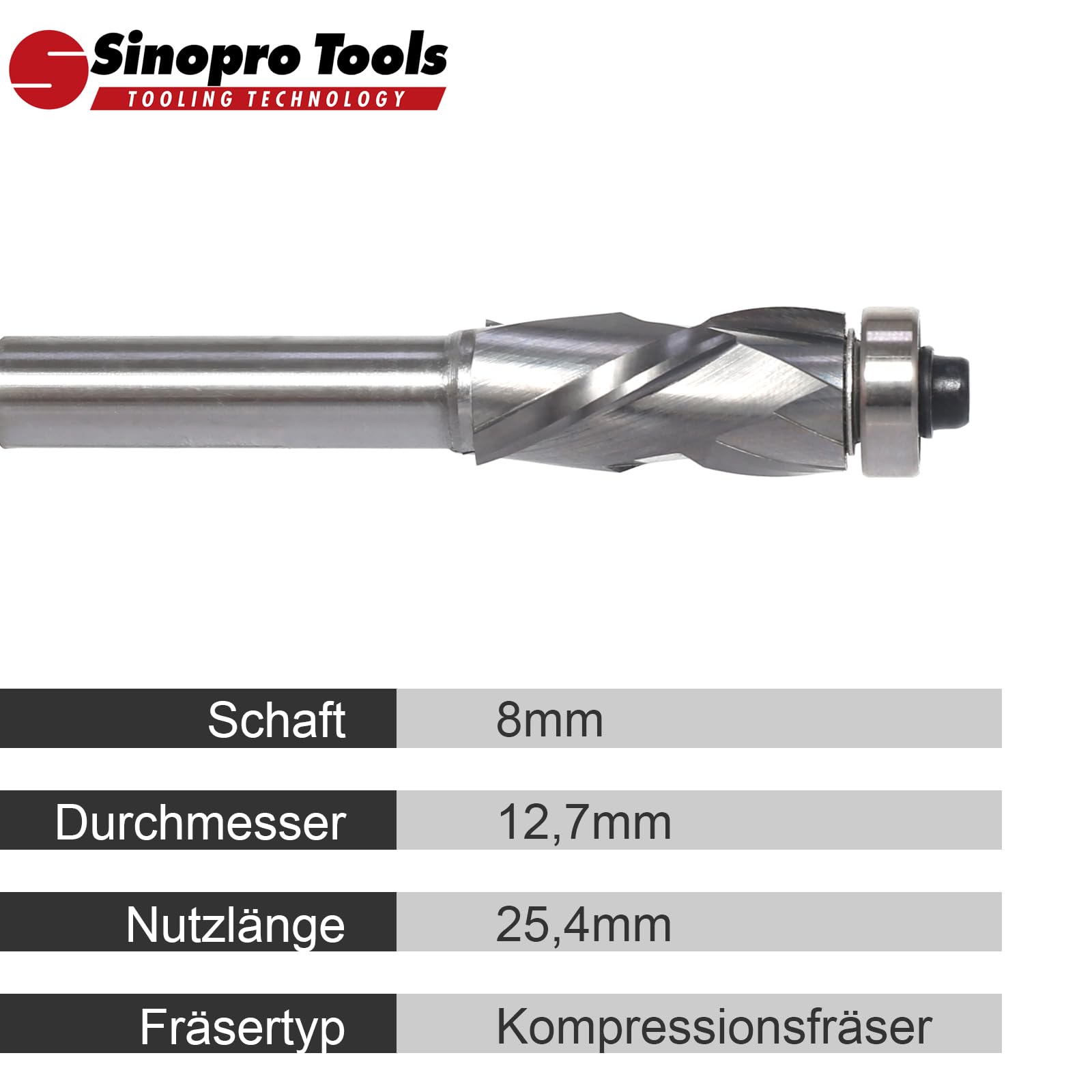 Fresa de enrasado en espiral de 8 mm, longitud de corte 25 mm, ranura en espiral de compresión hacia arriba y hacia abajo, con rodamiento de bolas en la parte superior, fresa en espiral