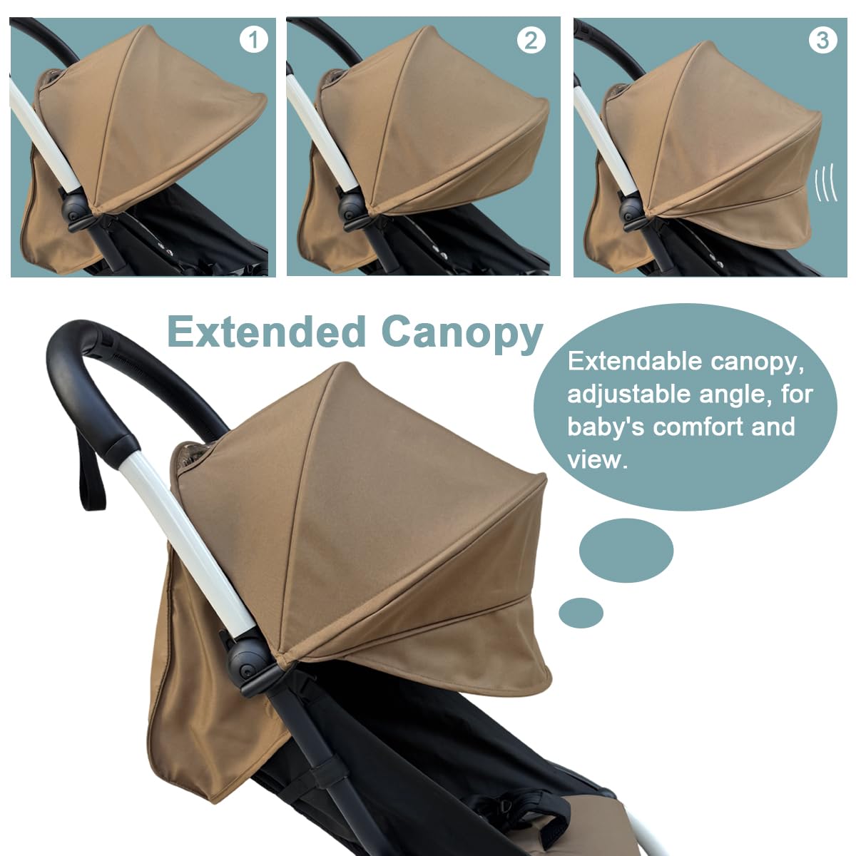 Stroller Replacement Set Compatible with Babyzen YOYO/YOYO+/ YOYO2/Stokke YOYO3, 6+ Color Pack, Thickened Seat Cushion and Extendable Canopy, Water-Repellent Breathable Fabric (Toffee) - 5