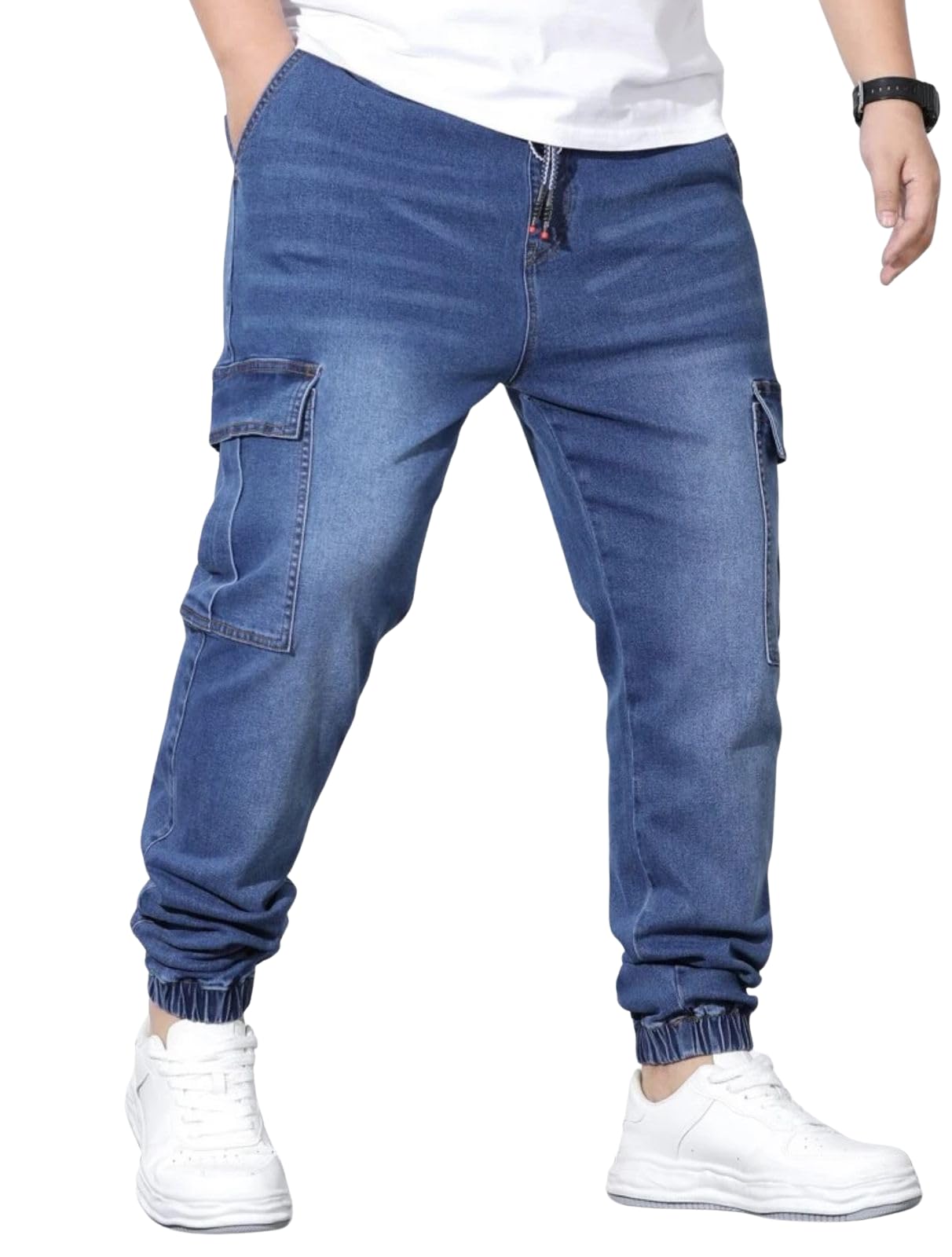 Men’s Denim Cargo Trousers, Elasticated Waist with Drawstring, Cuffed Hem, 6 Pockets, Stretch Denim, Mid Waist