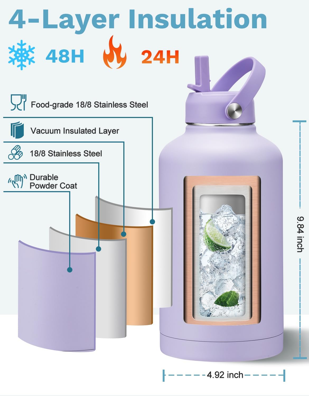 BENZZO Insulated Gallon Water Bottle with Straw Auto Spout Lid Cold 48h, 64/128 oz Water Jug With Carrying Pouch, Paracord Handle & Silicone Boot - Image 5