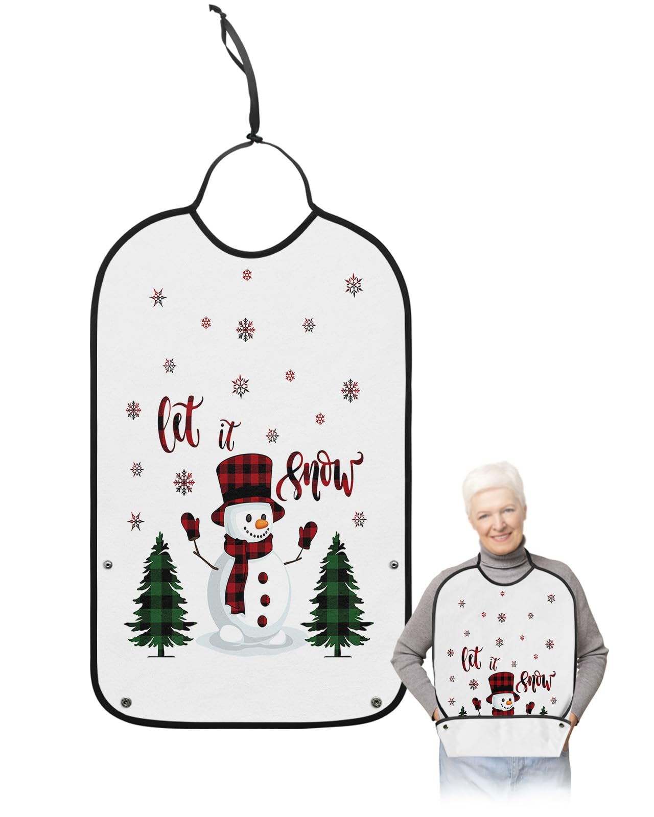 LEOKOTI Christmas Snowman Adult Bibs for Eating, Waterproof Bibs with Food Catcher & Adjustable Snap Closure, Xmas Tree Winter Snowflake Washable Clothing Protectors Adult Bibs for Elderly Women/Men