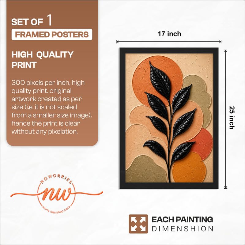 Image of NoWorries Floral Botanical Wall Painting with Frame | Premium Textured Flower & Leaf Artwork, Pastel Nature Wall Decor Framed for Living Room Bedroom Office and Home Decoration (Art-15,17x25inch)