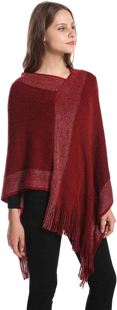 Women's Elegant Knitted Shawl Poncho with Fringed V-Neck Striped Sweater Pullover Cape Gifts for Women Mom - Image 6