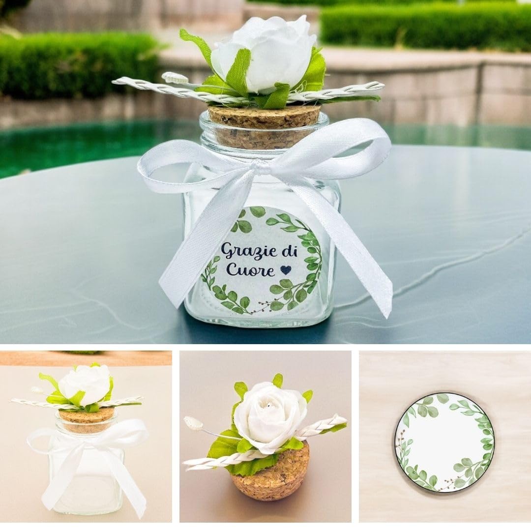 Ingrosso e Risparmio Set mit 12 Schachteln für Konfekt mit Blume auf Korkverschluss, 12 Beutel für Konfekt, 12 personalisierbare Aufkleber mit Schleife, Hochzeit, Kommunion, Konfirmation (weiß)